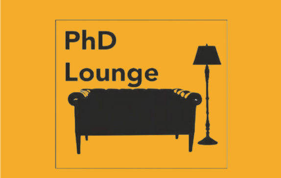 Schwarzer Scherenschnitt auf gelbem Grund: Sofa daneben Stehlampe, Text: PhD Lounge