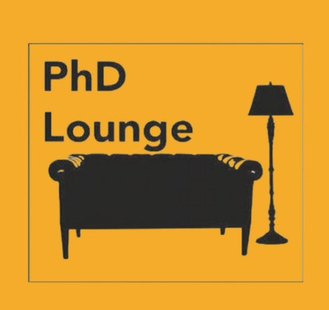 Schwarzer Scherenschnitt auf gelbem Grund: Sofa daneben Stehlampe, Text: PhD Lounge