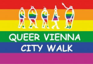 Poster mit Regenbogenflagge und Aufschrift "Queer City Walk Vienna"